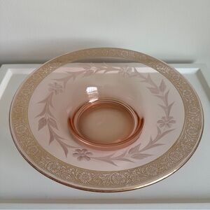 Vintage Pink “Depression” Glass Bowl Centerpiece Floral Etched Gold Rim Flared